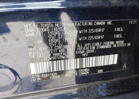 2021 Toyota Rav4 Xle from USA, damaged, VIN 2T3W1RFV7MW176253